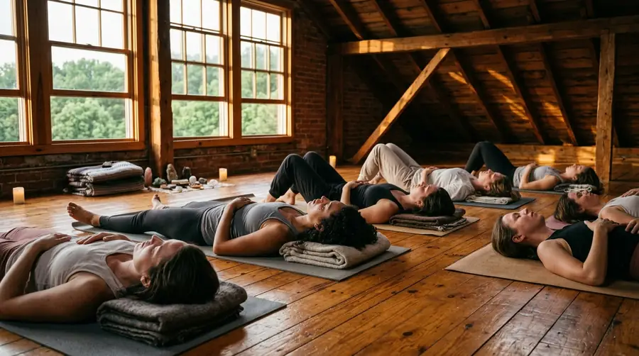 Breathwork-Session: Frauen liegen auf Matten, Jörn leitet an