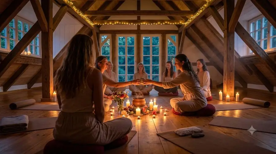 Kakao-Zeremonie am Abend bei Kerzenlicht