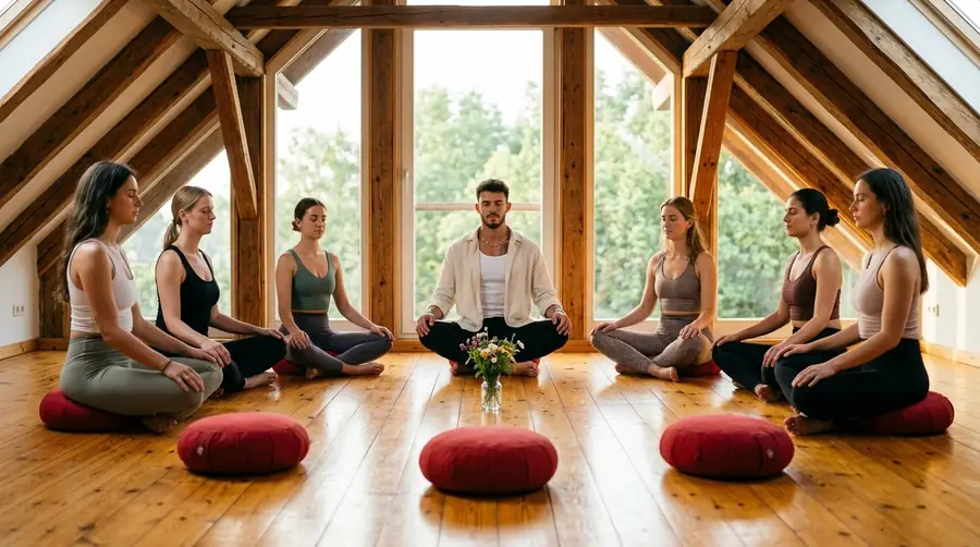 Geführte Meditation im Kreis auf Kissen