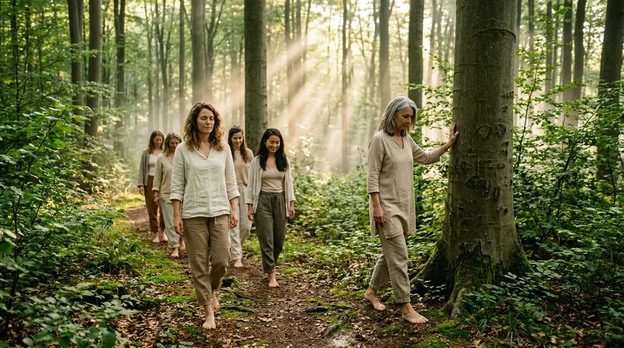 Die Gruppe geht gemeinsam durch lichtdurchfluteten Wald