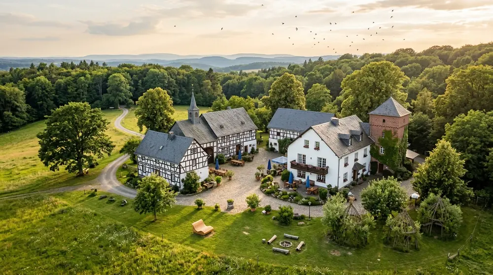 Das Gelände von oben: altes Fachwerk-Anwesen mit Innenhof, umgeben von Natur